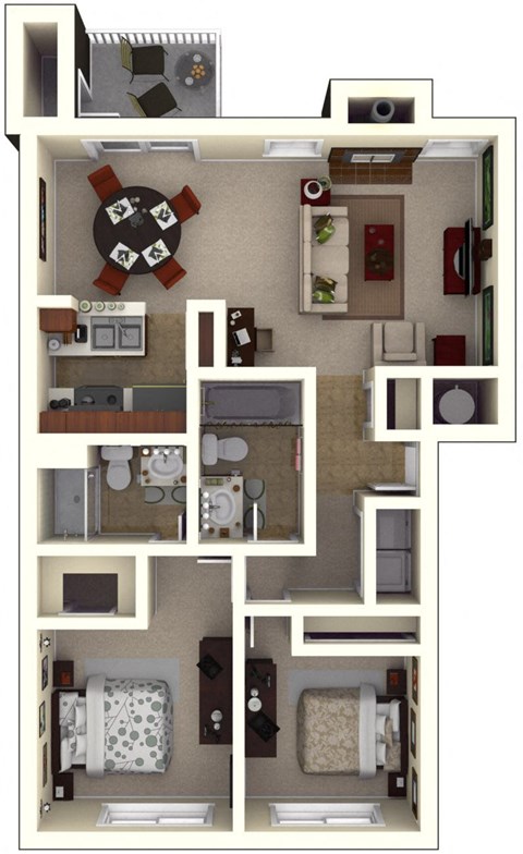 Floor plan for 2 beds, 2 baths, 986 sqft